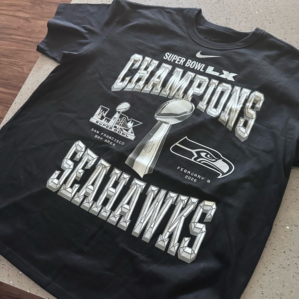 Nike Super Bowl LX Champions Seahawks T-Shirt - Black and Silver - Men’s XL